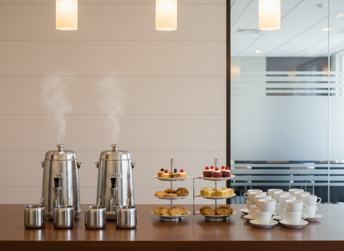 A polished meeting room refreshment station designed for a workshop break, featuring a long counter with silver urns of freshly brewed tea and coffee, neat rows of white ceramic cups and saucers, and tiered stands of delicate biscuits and mini cakes. Stainless-steel milk jugs and sugar bowls are aligned with precise spacing. The backdrop is a clean, contemporary venue wall with subtle texture and a frosted-glass panel hinting at an adjacent conference space. Warm overhead pendant lighting casts soft, controlled highlights on the ceramics and metal, while keeping the overall tone calm and orderly. Photographic realism, eye-level composition with moderate depth of field, creating a professional yet welcoming atmosphere for corporate events.