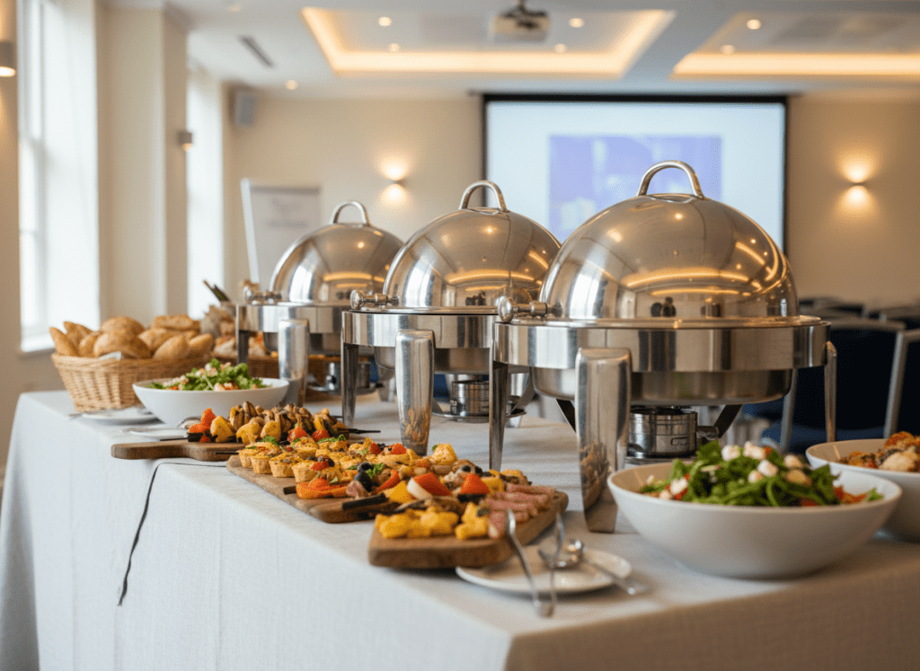 An elegantly arranged buffet table showcasing Oxford event catering, covered in a crisp white linen cloth with subtle texture. Gleaming stainless-steel chafing dishes with polished lids line the center, flanked by wooden boards piled with colorful finger foods, artisan breads, and vibrant salads in white porcelain bowls. The setting is a bright, modern seminar room with pale walls and a blurred projection screen in the background. Soft natural daylight from tall windows combines with warm ceiling lights, creating gentle reflections on metal surfaces. Photographic realism, shot at eye level with a shallow depth of field, keeping the foreground dishes in sharp focus while the venue softly recedes, conveying a professional, inviting atmosphere suitable for workshops and conferences.