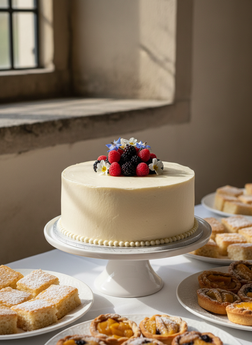 A close-up of an artisanal cake prepared for an academic celebration, placed on a simple white cake stand at the center of a buffet table. The cake has smooth ivory buttercream with finely piped borders and a restrained arrangement of fresh berries and edible flowers on top. Around it, the table holds neatly cut traybakes and small tarts on matching white platters. The background hints at a classic Oxford venue with a blurred stone window ledge and neutral walls. Gentle afternoon natural light from the side creates soft shadows that emphasize the cake’s texture. Photographic realism, slightly elevated angle with a shallow depth of field, capturing a sophisticated yet understated mood.