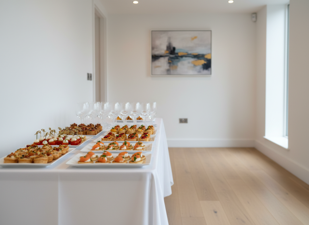 A refined canapé and drinks reception setup in a compact Oxford venue hire space, featuring a high, narrow table dressed with a tailored white runner. On it sit clustered white porcelain trays of bite‑sized savory pastries, skewers, and blinis, each arranged in perfect rows, accompanied by empty crystal-clear flutes awaiting service. The background reveals minimalist architectural details: a pale wooden floor, clean white walls, and a single abstract artwork slightly out of focus. A combination of soft overhead LED lighting and subtle daylight from a side window creates a balanced, flattering illumination. Photographic realism, shot at eye level with the table framed along the rule of thirds, producing a polished, anticipatory mood.