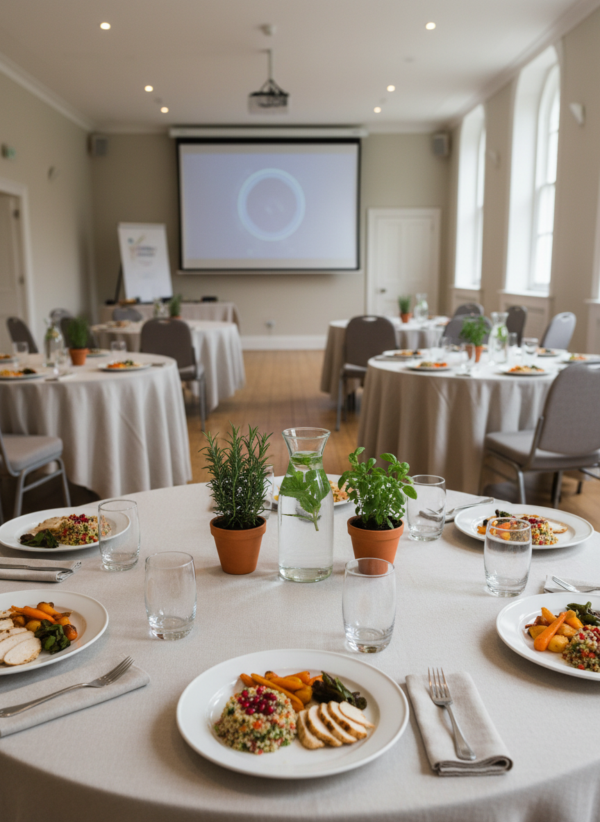 A serene workshop lunch setting in a hired Oxford venue, with round tables draped in pale linen and centered with understated glass water carafes and small potted herbs. Each place features a simple white plate holding an individually plated cold lunch: colorful grain salad, roasted vegetables, and neatly sliced grilled chicken, all arranged with precision. In the background, a projection screen and neatly aligned chairs are softly out of focus. Soft, diffused daylight from tall windows washes the room, balanced by unobtrusive ceiling lighting for even exposure. Photographic realism, wide-angle view at standing height with sharp focus across the scene, evoking a calm, organized, and professional atmosphere for training sessions and seminars.