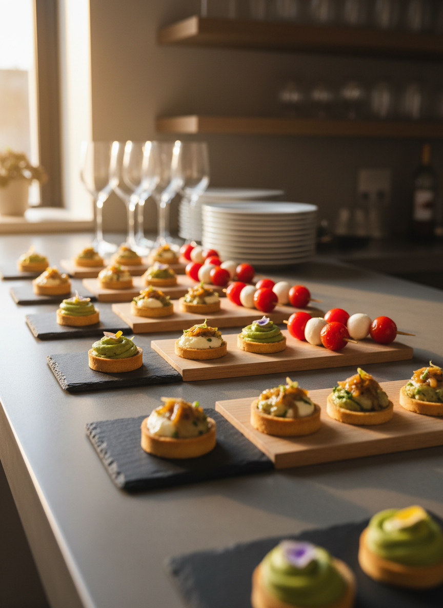 An inviting display of canapés for an Oxford evening reception, arranged on dark slate and pale oak boards placed along a minimalist counter. Each canapé is meticulously presented: miniature tartlets, skewered cherry tomatoes with mozzarella, and intricately piped savory bites, each identical in size and spacing. Behind the counter, blurred shelving holds neatly stacked white plates and polished glassware. A subtle golden-hour glow from an unseen window combines with discrete overhead spotlights, creating delicate highlights on glossy ingredients and gentle shadows beneath each bite. Photographic realism, shot from a low, close-up angle with a shallow depth of field, emphasizing detail and craftsmanship while the background softly falls away, conveying refined professionalism.