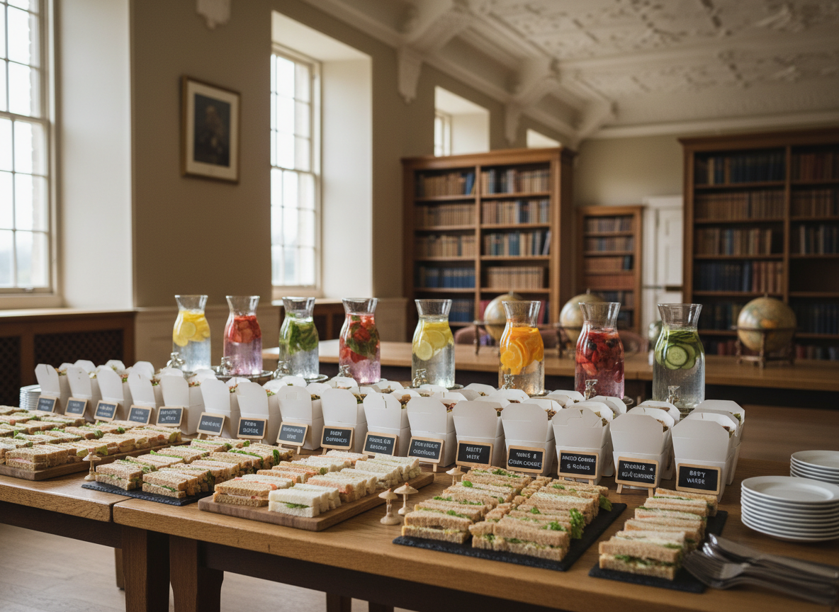 A meticulously set conference catering spread on a long oak table, featuring neatly labeled platters of sandwiches with varied fillings, individual boxed salads, and rows of pristine glass jugs filled with fruit-infused water. Discreet chalkboard-style menu cards stand upright beside each selection. The table sits in an airy, historic Oxford-style room with high ceilings, neutral walls, and a glimpse of academic-style bookshelves softly blurred in the distance. Overcast daylight from large sash windows creates diffused, even lighting, minimizing harsh shadows. Photographic realism, captured from a slightly elevated angle using the rule of thirds, emphasizes order, abundance, and a calm, professional mood perfect for seminars and academic events.