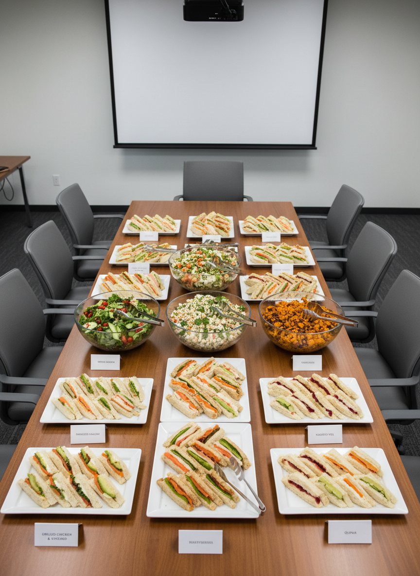 An overhead photographic view of a carefully organized sandwich and salad buffet designed for a corporate training day. Rectangular white platters form clean lines across a long table, each holding rows of diagonally cut sandwiches with varied fillings, their colors clearly distinguishable. Beside them are large bowls of mixed leaf salads, couscous, and roasted vegetables, each with dedicated serving utensils. Small tent cards with tidy printed labels add structure. The setting is a modern, neutral-toned conference room, the surrounding chairs and projection equipment faintly visible at the edges. Bright, even artificial lighting from ceiling panels ensures accurate color and minimal shadow, contributing to a professional, efficient atmosphere in photographic realism.