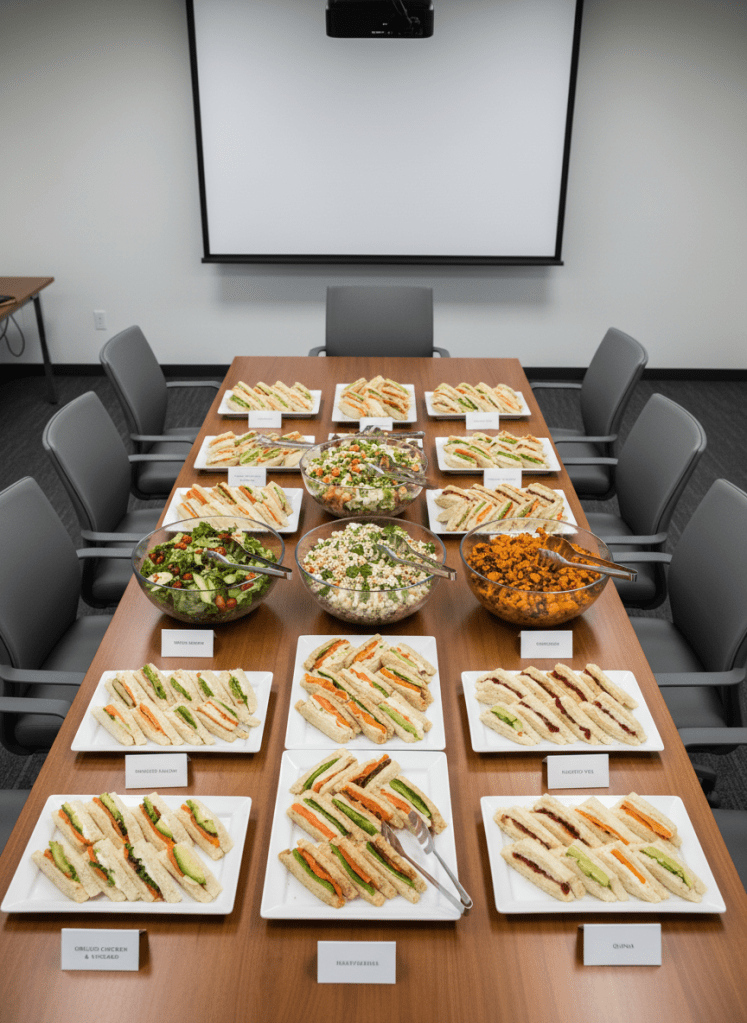 An overhead photographic view of a carefully organized sandwich and salad buffet designed for a corporate training day. Rectangular white platters form clean lines across a long table, each holding rows of diagonally cut sandwiches with varied fillings, their colors clearly distinguishable. Beside them are large bowls of mixed leaf salads, couscous, and roasted vegetables, each with dedicated serving utensils. Small tent cards with tidy printed labels add structure. The setting is a modern, neutral-toned conference room, the surrounding chairs and projection equipment faintly visible at the edges. Bright, even artificial lighting from ceiling panels ensures accurate color and minimal shadow, contributing to a professional, efficient atmosphere in photographic realism.