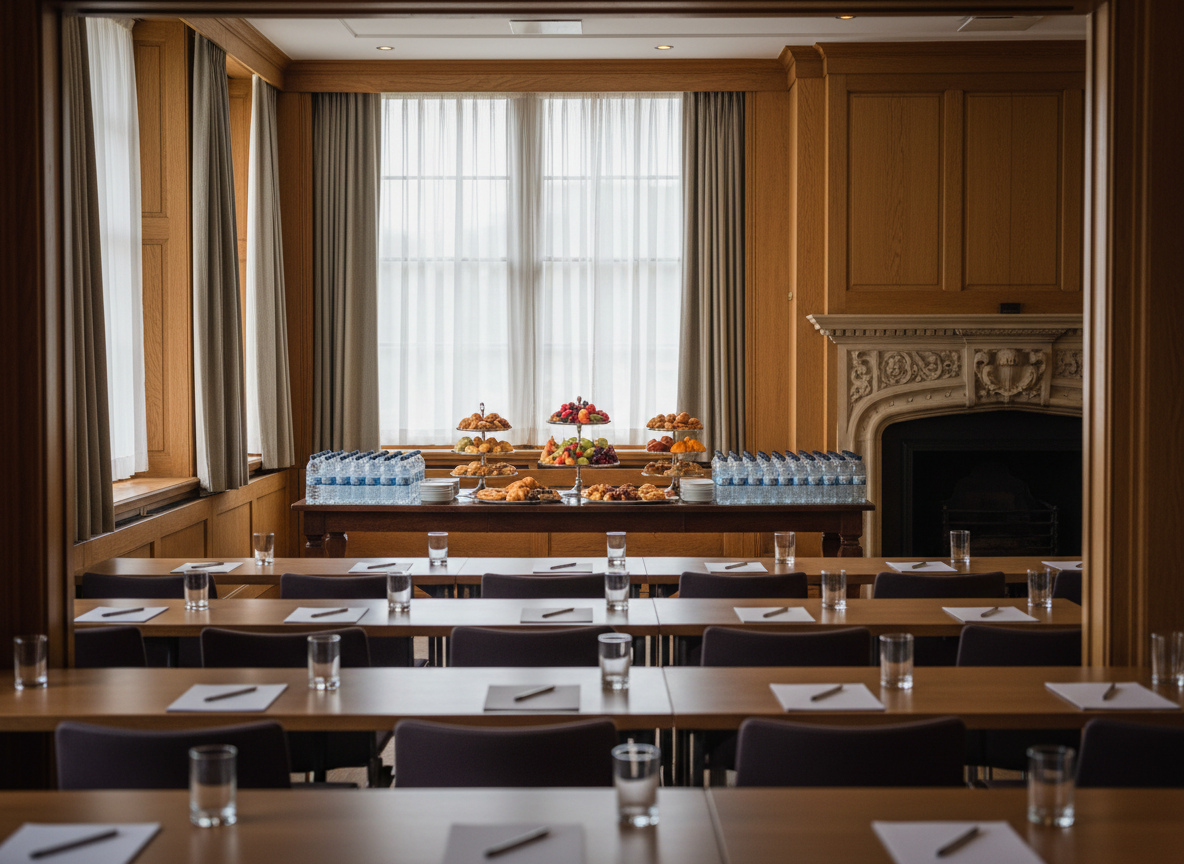 An Oxford seminar room prepared for an all-day event with discreetly placed catering. At the back of the room, a long console table in dark wood holds tiered platters of pastries, fresh fruit bowls, and lined‑up bottled water, all symmetrically arranged. The foreground shows crisp rows of empty tables with notepads and glasses, slightly blurred to draw the eye toward the catering. Large windows along one wall allow soft, overcast daylight to fill the space, subtly enhanced by understated recessed ceiling lights. Photographic realism, captured from the doorway with a wide-angle lens and moderate depth of field, emphasizing the integration of professional catering within a functional learning environment.